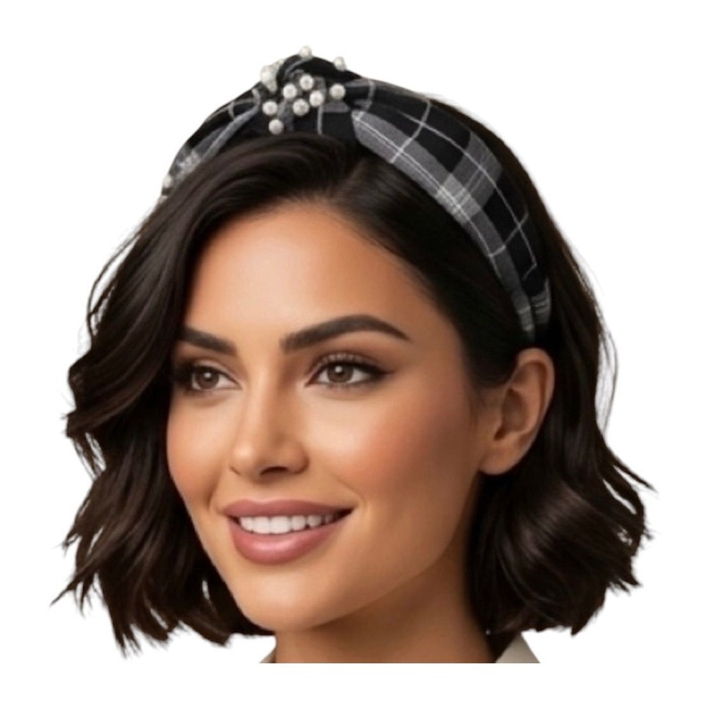 Plaid and Pearls Black & White Headband w/ Faux Pearls New Academia Preppy Chic